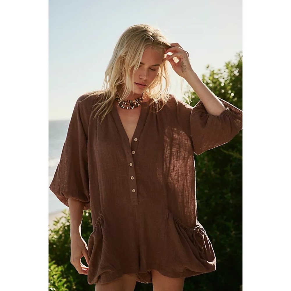 Free People FP One Adella Romper Mustard Brown Olive Boho Henley S